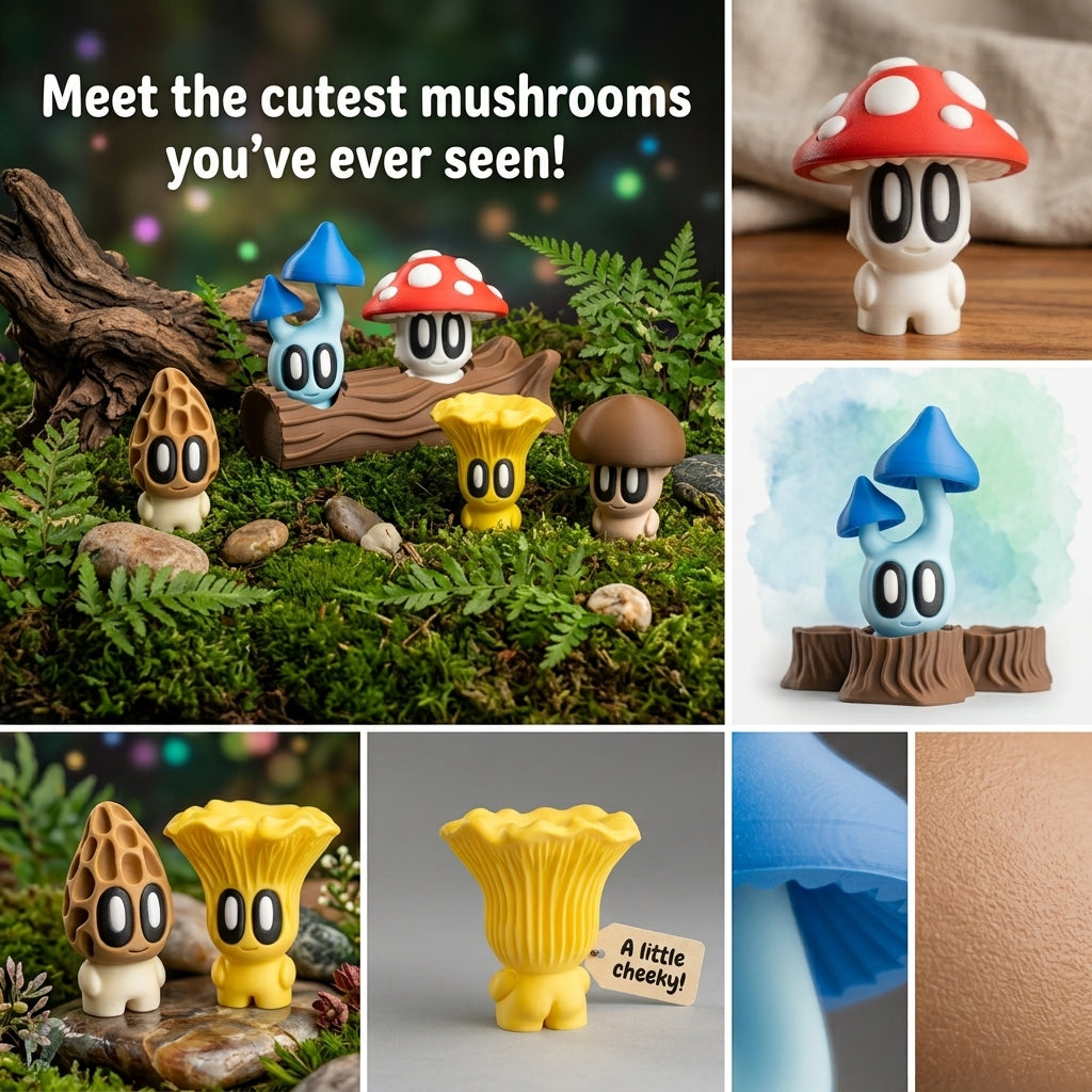Blob Mushrooms - Five Adorable 3D printed mushrooms with log and stump!