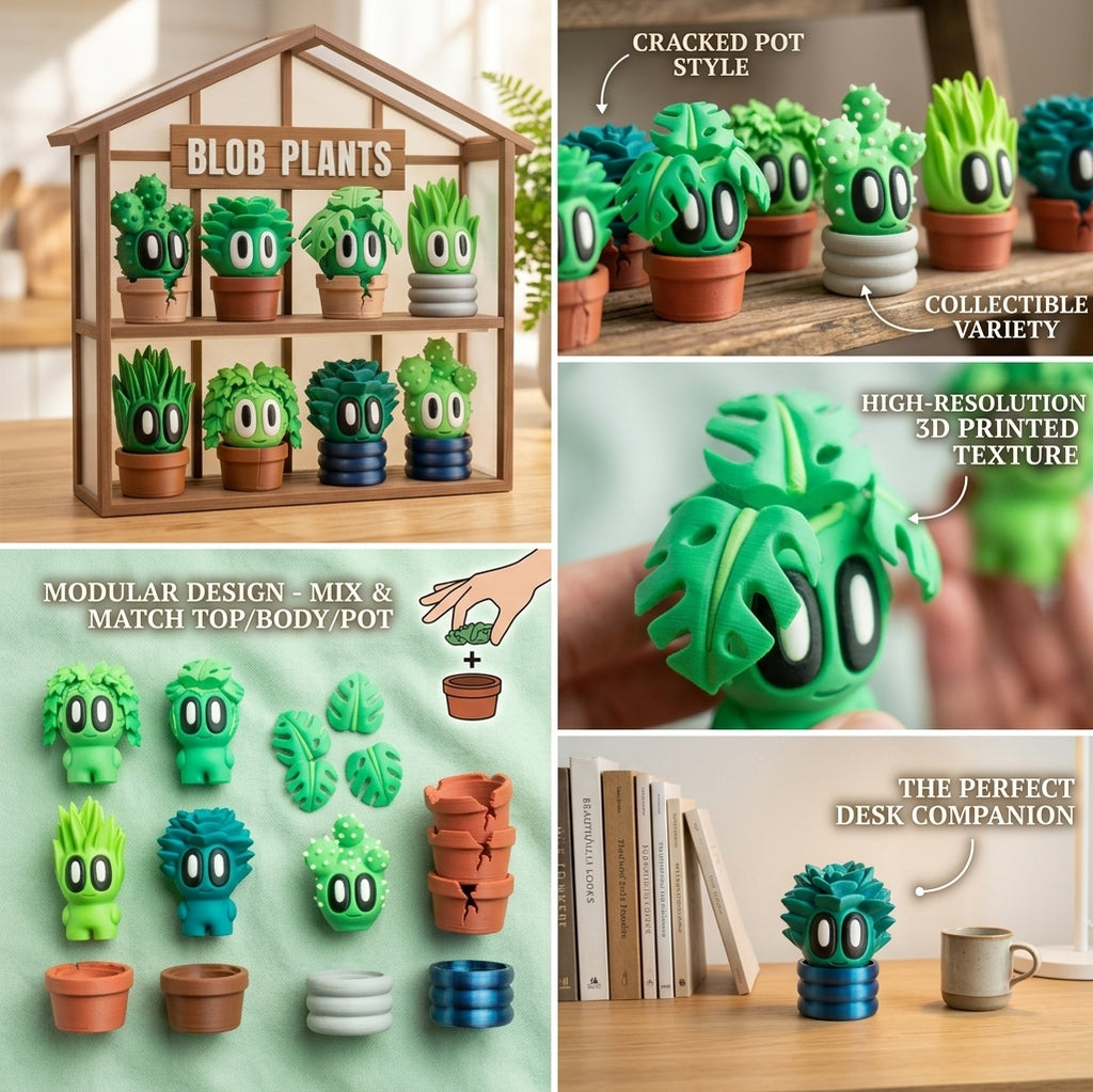 Blob Plants - Five Adorable 3D printed plants in pots, plus a cute Greenhouse!