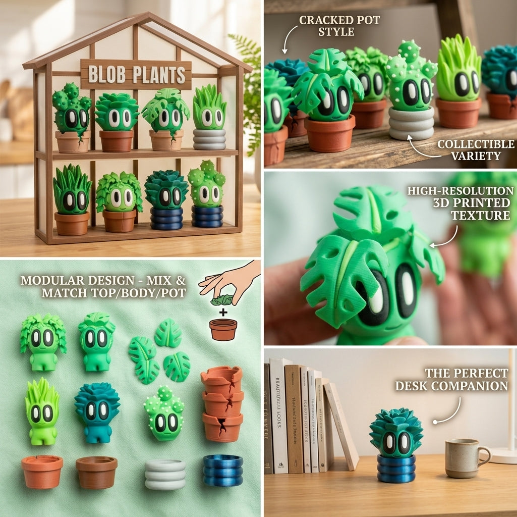 Blob Plants - Five Adorable 3D printed plants in pots, plus a cute Greenhouse!
