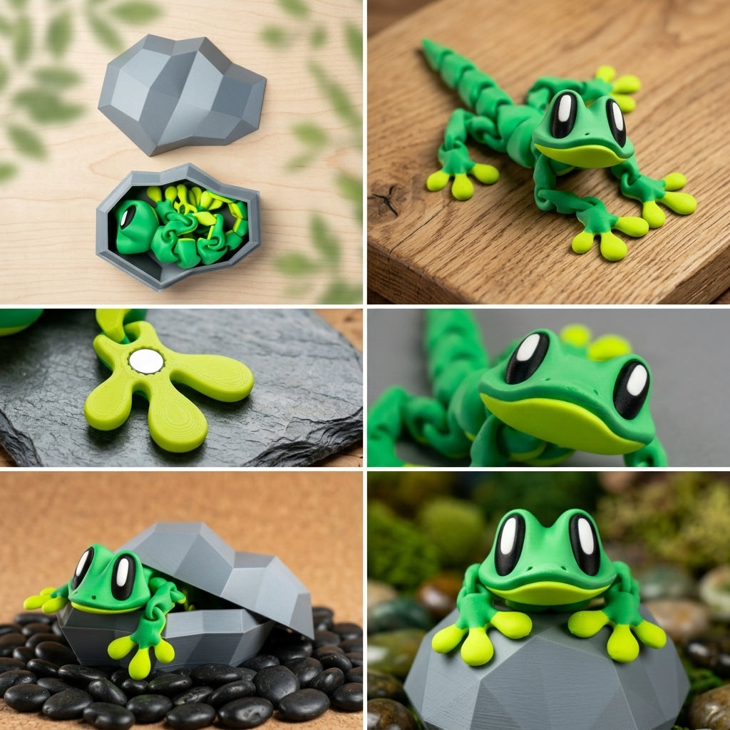 Magnetic Gecko Buddy with Storage Rock – 3D Printed Cutie in Green and Yellow or Green and several other colors!