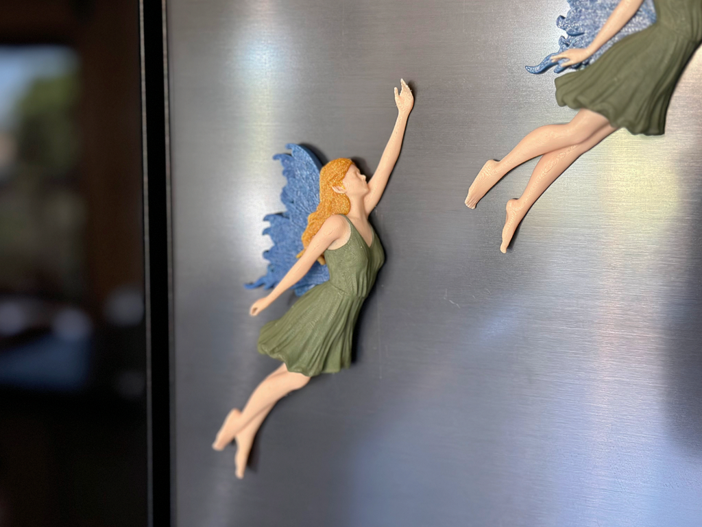 3D Printed Flying Fairy Set of 3 – Whimsical Fridge Magnets, Book Nook Spine Huggers, or Floating Wall Art Decor