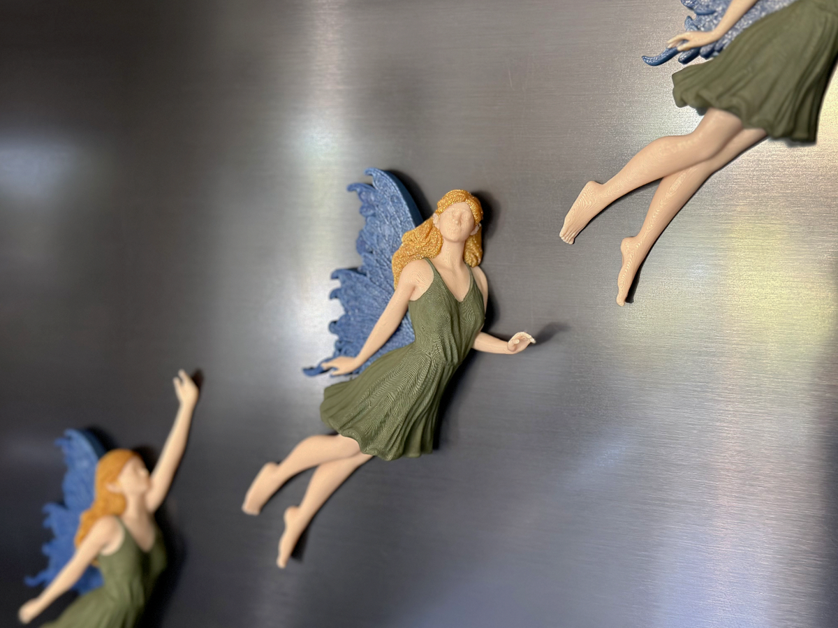 3D Printed Flying Fairy Set of 3 – Whimsical Fridge Magnets, Book Nook Spine Huggers, or Floating Wall Art Decor