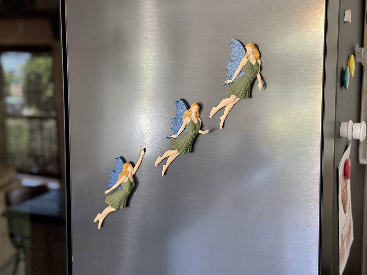 3D Printed Flying Fairy Set of 3 – Whimsical Fridge Magnets, Book Nook Spine Huggers, or Floating Wall Art Decor