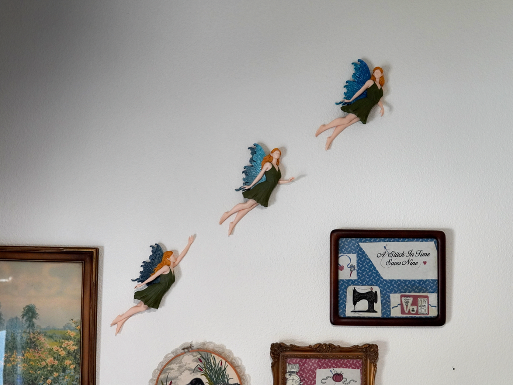 3D Printed Flying Fairy Set of 3 – Whimsical Fridge Magnets, Book Nook Spine Huggers, or Floating Wall Art Decor